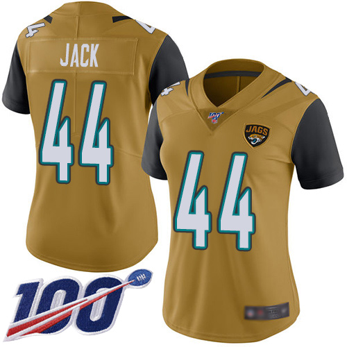 Nike Jacksonville Jaguars 44 Myles Jack Gold Women Stitched NFL Limited Rush 100th Season Jersey